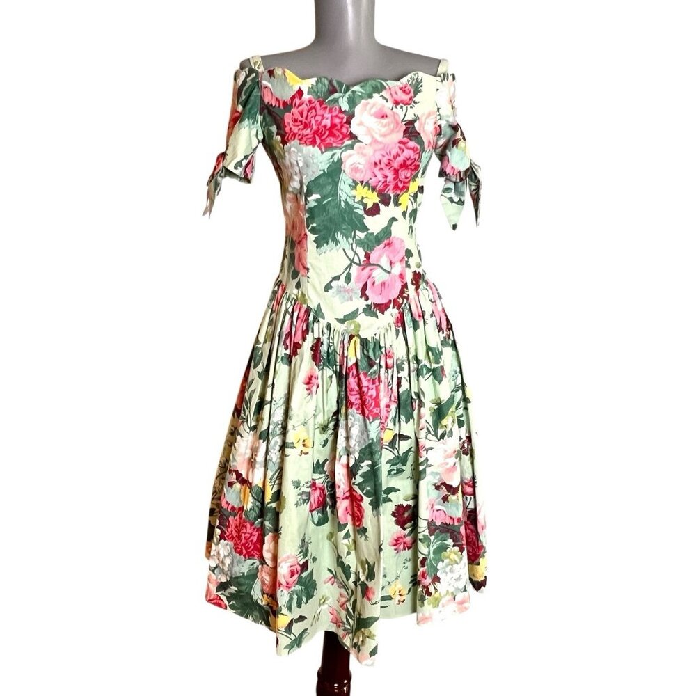 Vtg 80s Expo Preteen Floral Cottagecore Off Shoulder Cotton Dress  USA Girl’s L